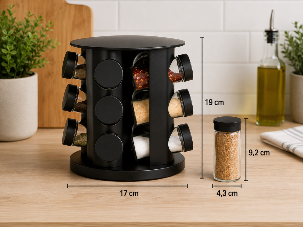Porta-temperos giratório preto com potes de temperos em bancada de cozinha
