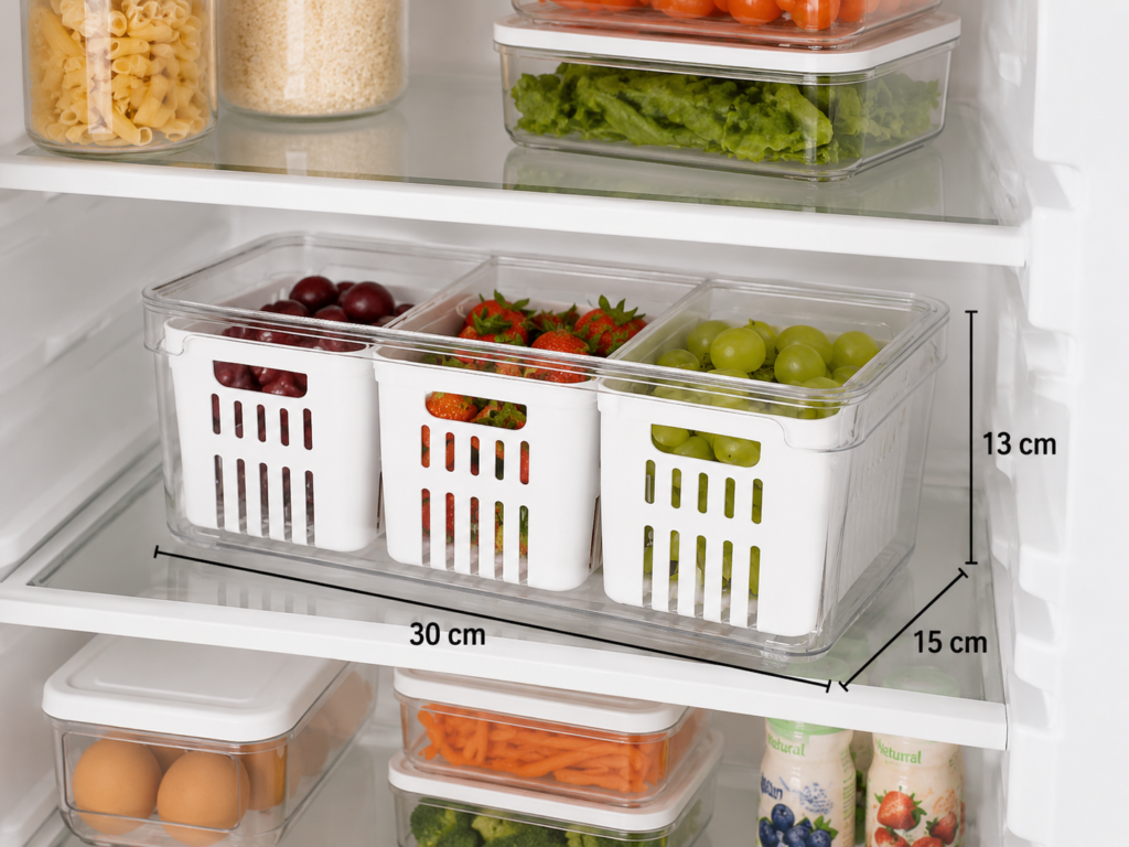 Organizador para geladeira com divisórias para frutas e alimentos