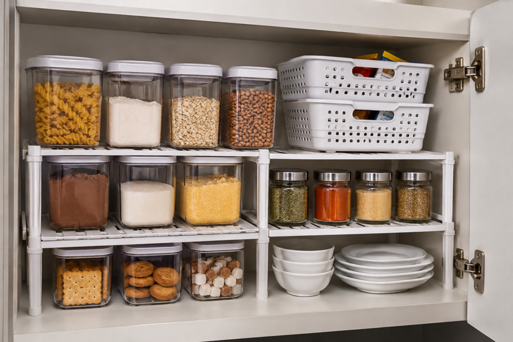 Como organizar armário de cozinha pequeno com prateleiras auxiliares e organizadores