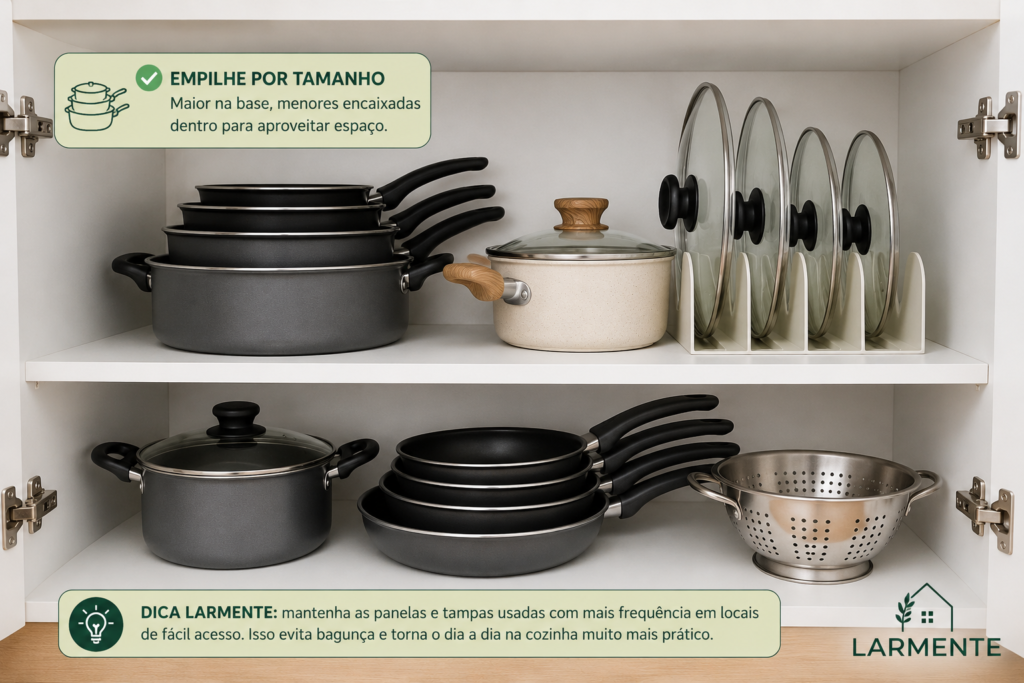 Panelas e tampas organizadas em armário de cozinha pequena