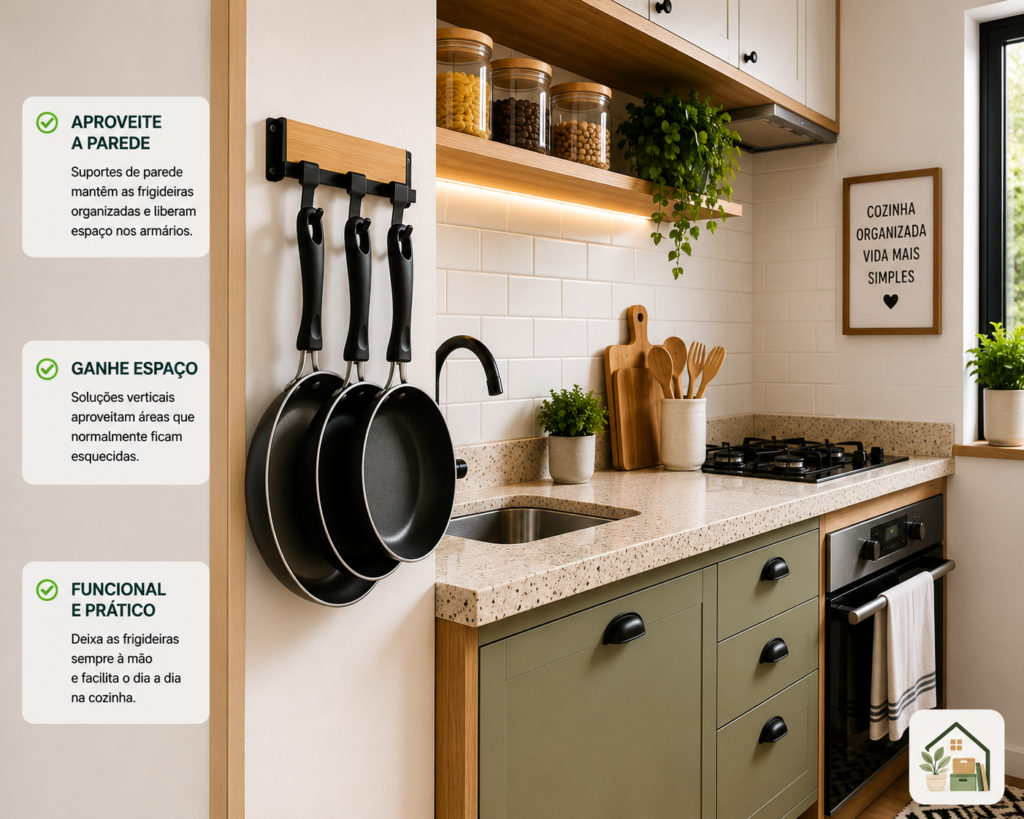 Frigideiras penduradas na parede para economizar espaço em cozinha pequena