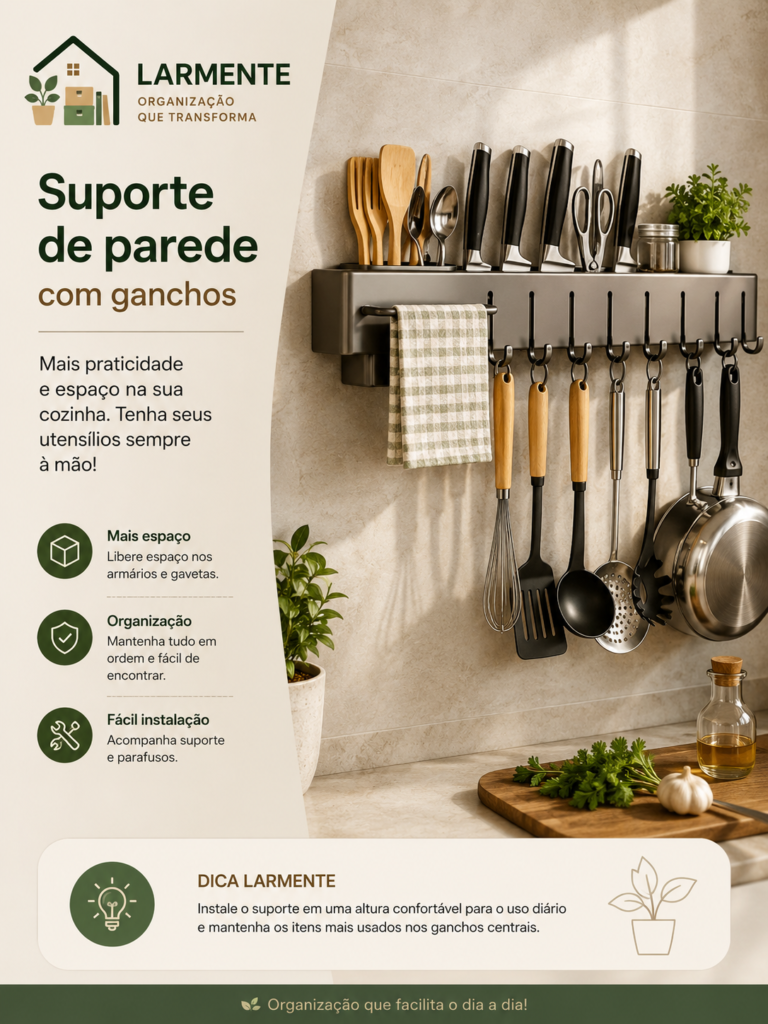 Suporte de parede com ganchos organizando utensílios e panelas na cozinha