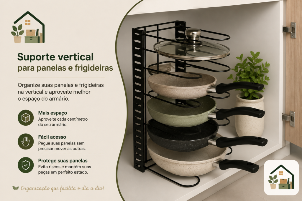 Panelas e frigideiras organizadas em suporte vertical dentro do armário