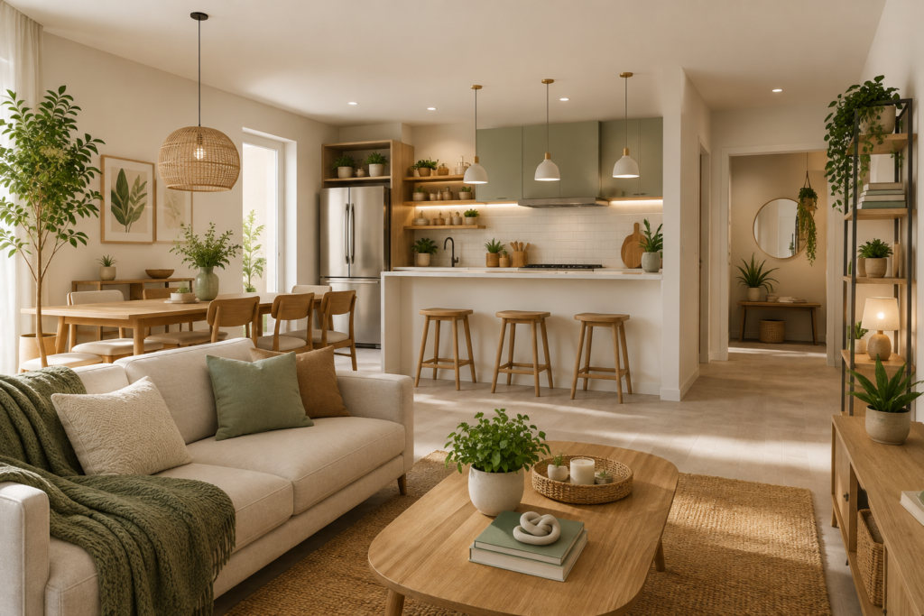 Sala de estar integrada à cozinha moderna, organizada e decorada com plantas.